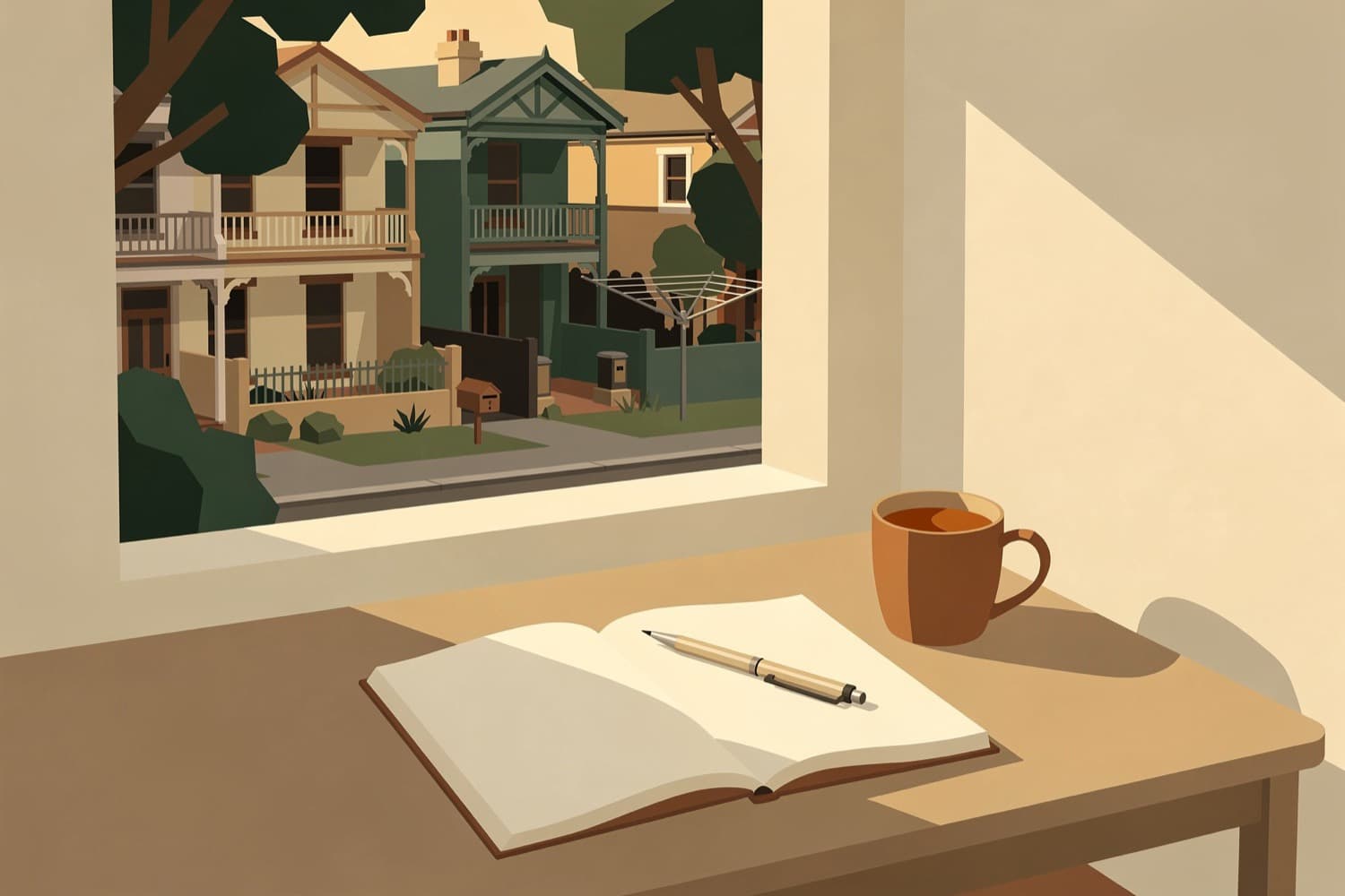 An open notepad and pen on a desk by a window, terrace houses across the street