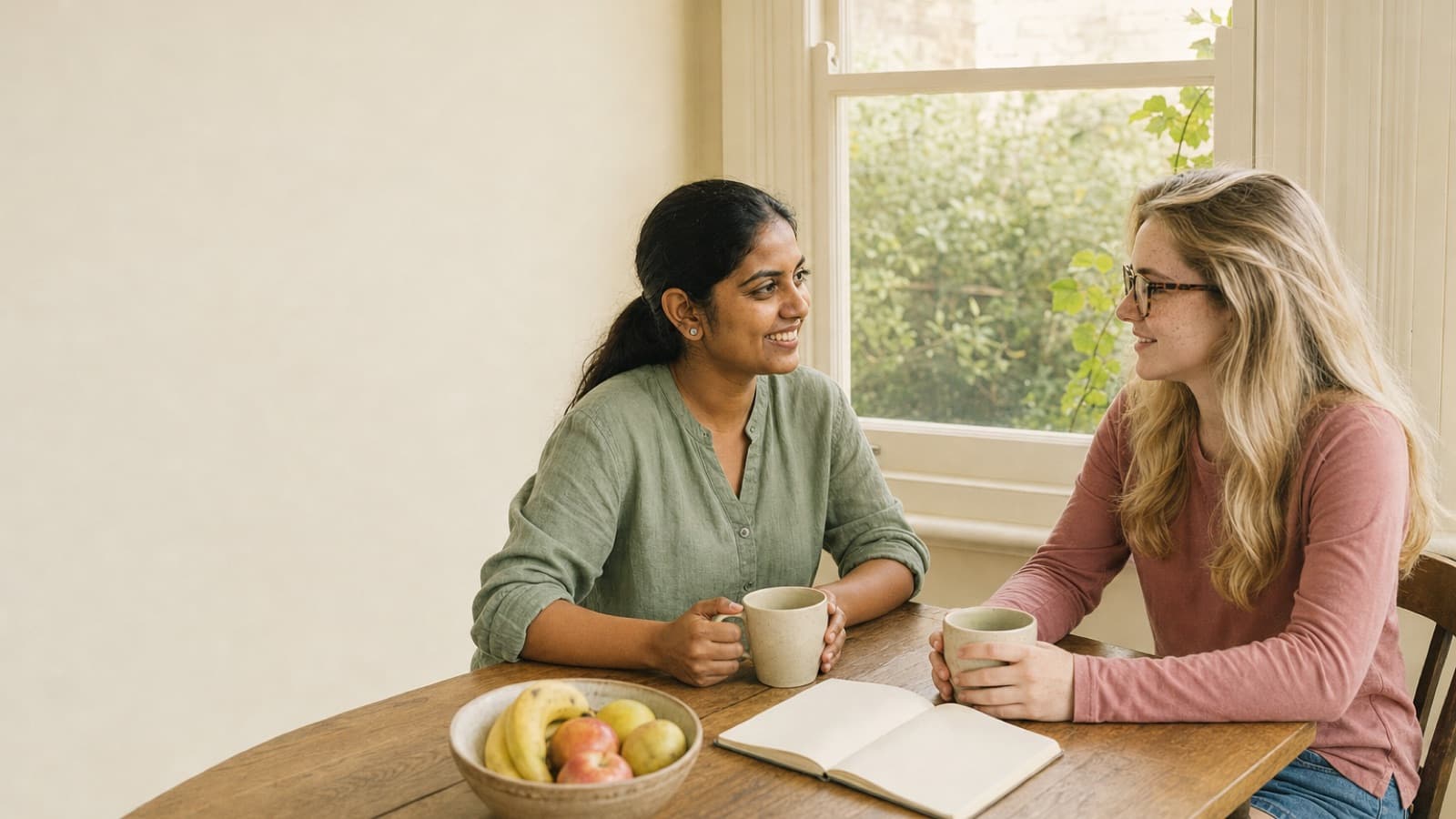 A parent and a babysitter talking across a kitchen table with a notebook between them