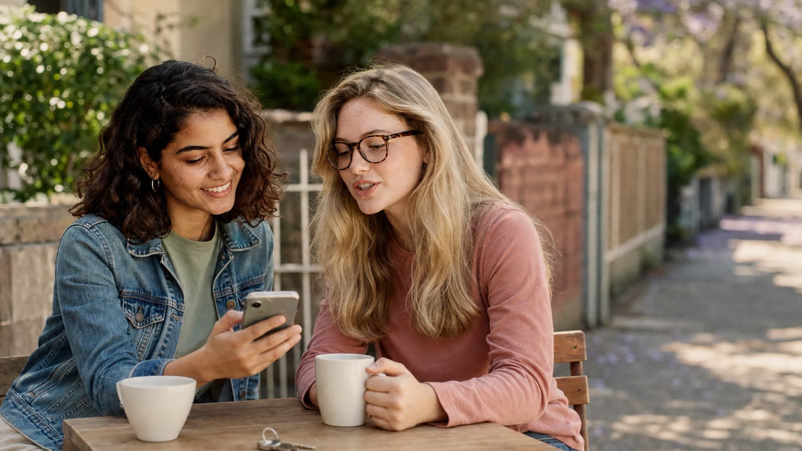Two babysitters at a footpath cafe table reading something on a phone together, one holding it out to the other, a set of keys and two cups between them