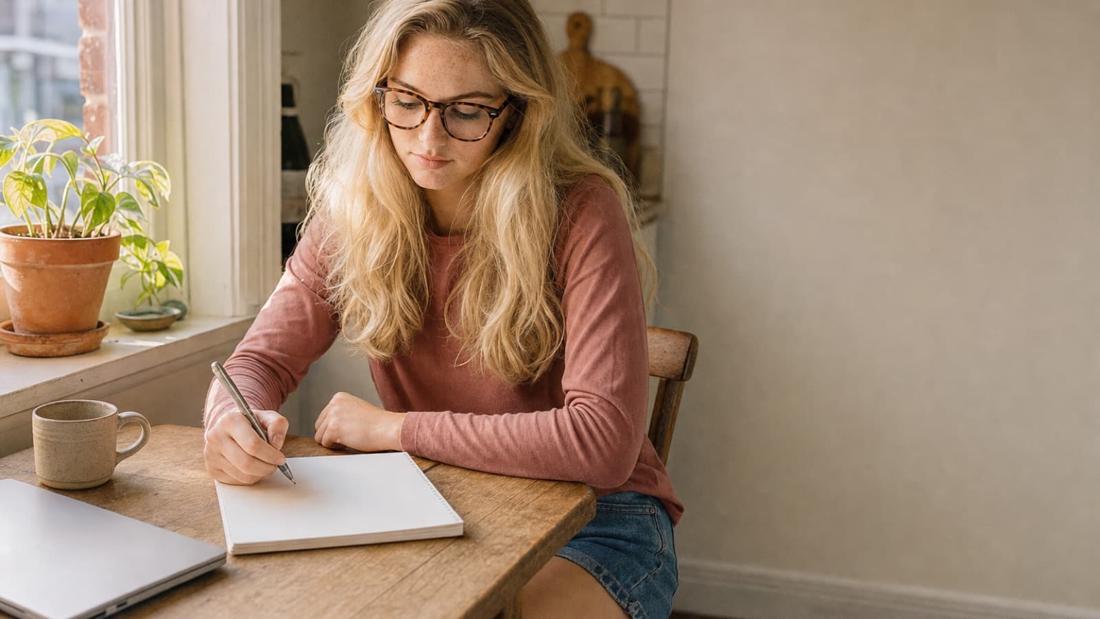 A young woman writing on a notepad at a kitchen table, a closed laptop and a mug beside her