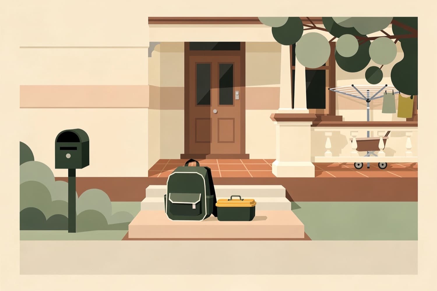A school backpack and lunch tin waiting on the front steps of a terrace veranda