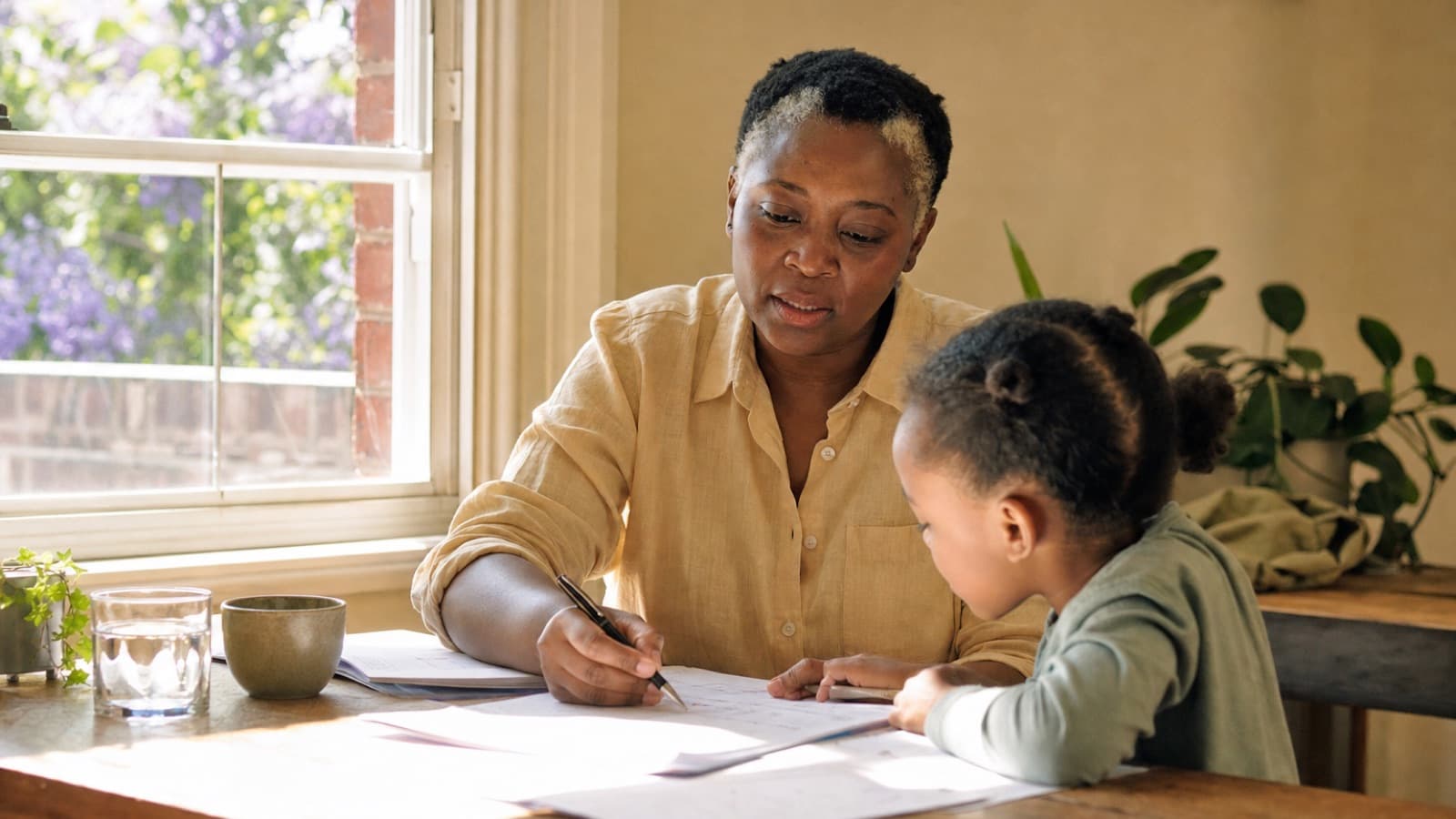 A nanny helping a school-age child with homework at a kitchen table