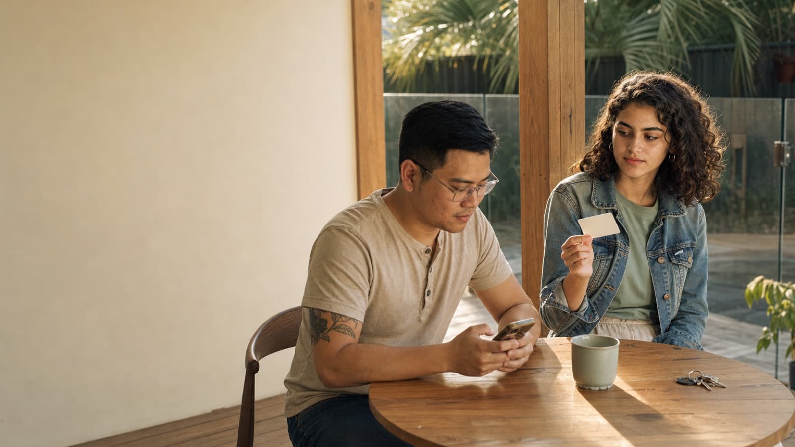 A parent looking at a phone at an outdoor table while a babysitter beside him holds out a card