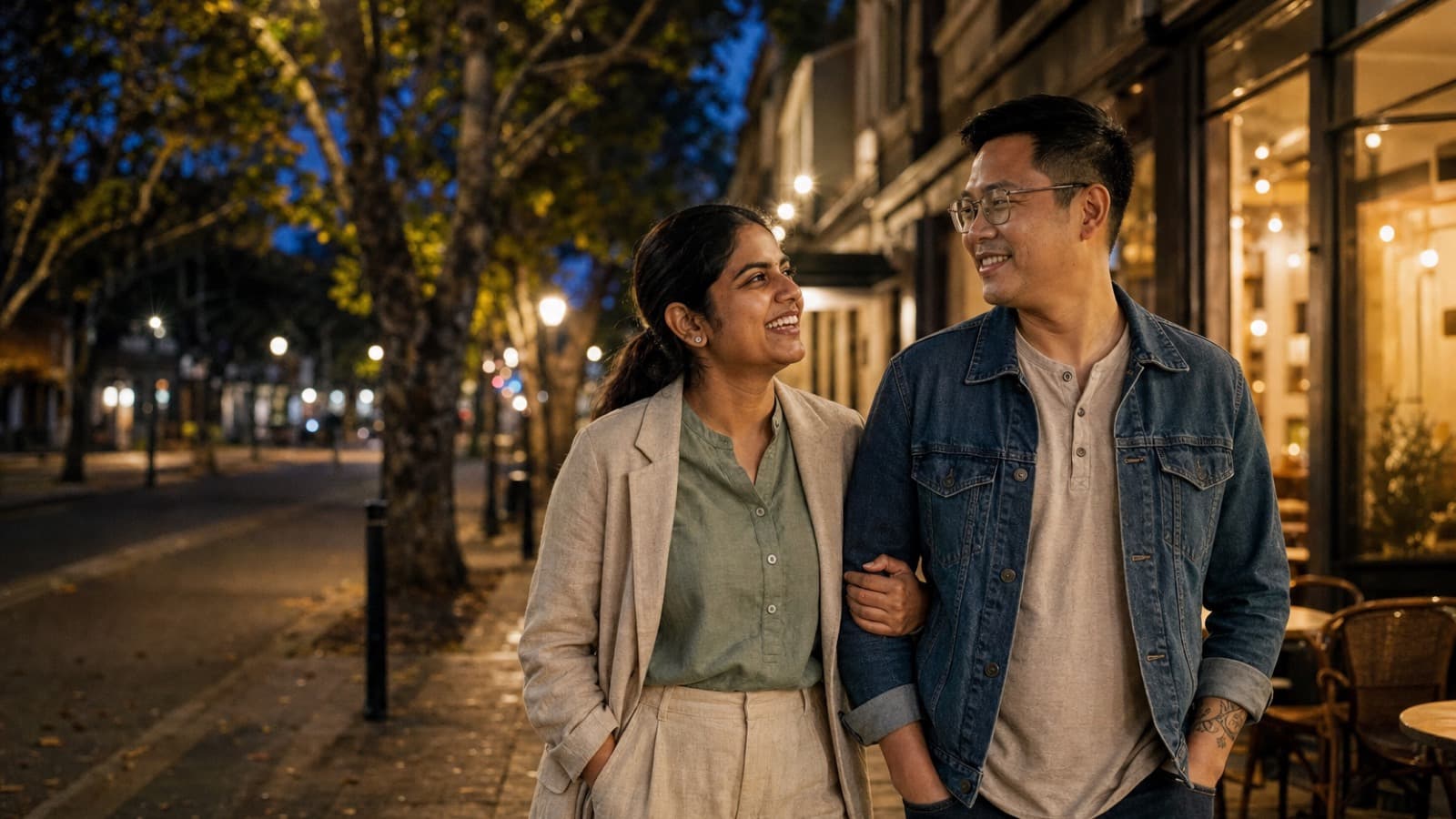 Two parents walking arm in arm past lit cafés on a tree-lined street at dusk, laughing with each other