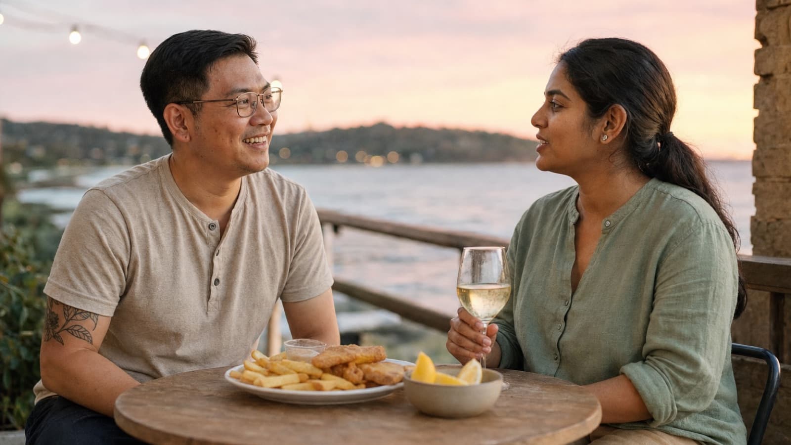 Two parents talking over fish and chips and a glass of wine at an outdoor table by the water at dusk