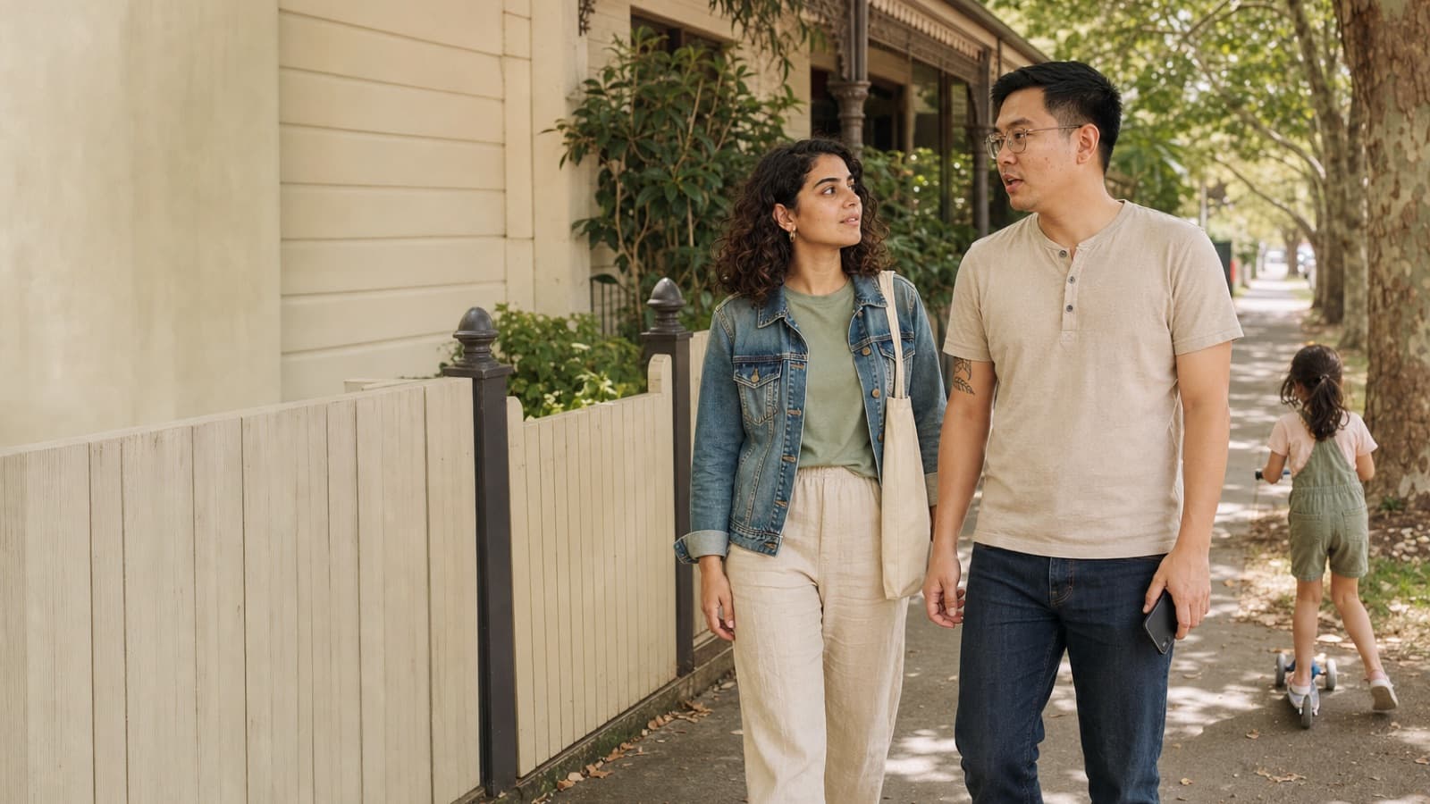 A parent and a babysitter talking as they walk along a footpath past a weatherboard house, a child on a scooter behind them