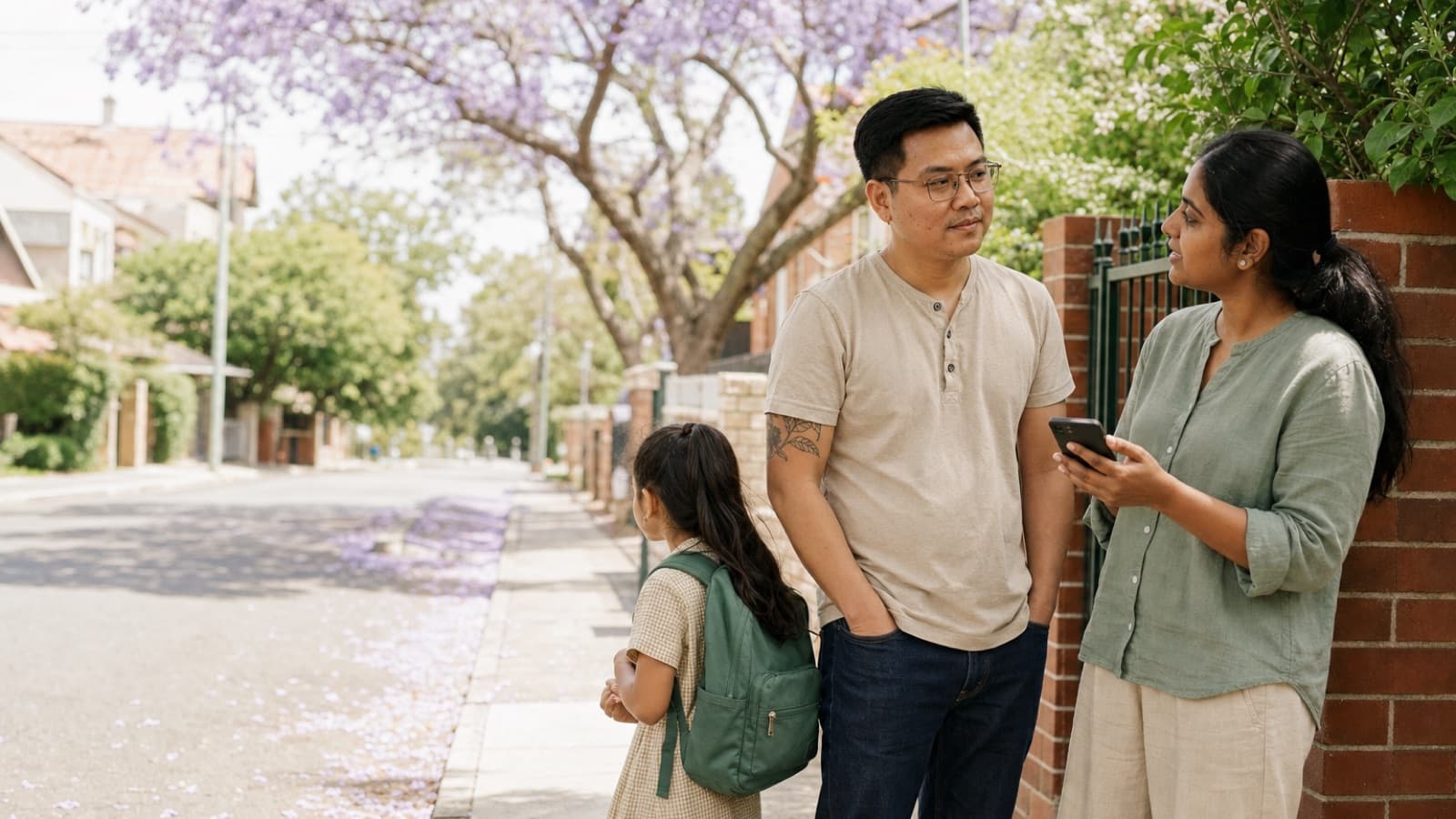 Two parents talking on a footpath, one showing the other something on a phone, a child in a backpack beside them