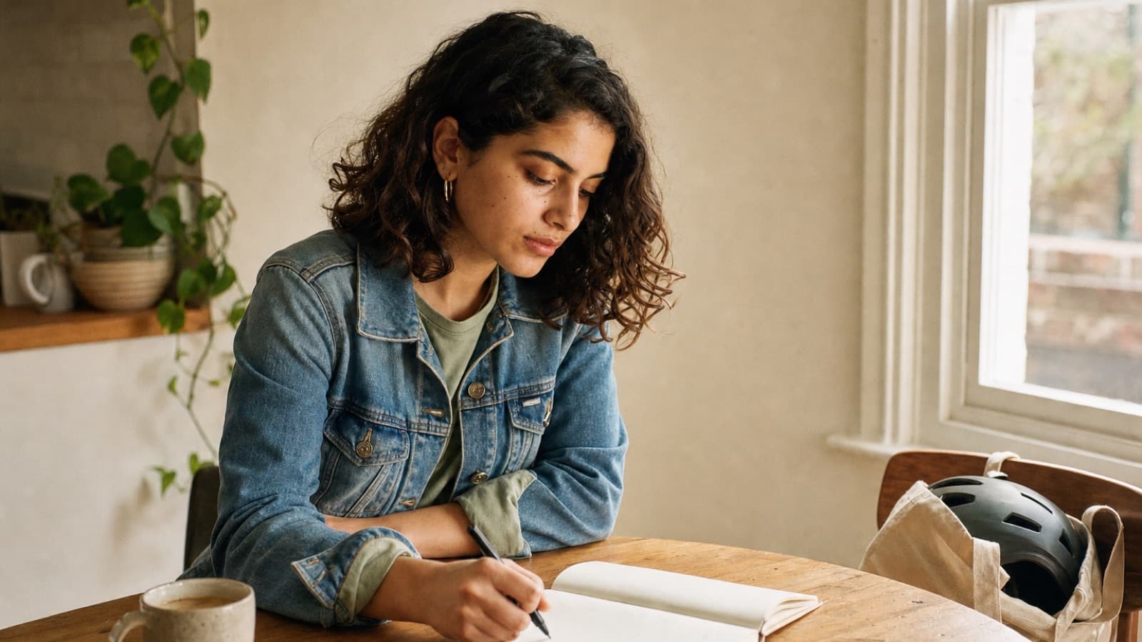 A babysitter writing in a notebook at her kitchen table