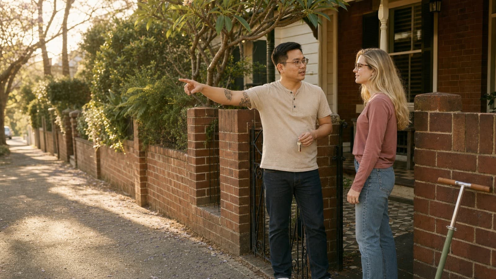 A young babysitter at a neighbour's front gate in late afternoon light while the parent points back down the street towards his own house, a house key in his other hand