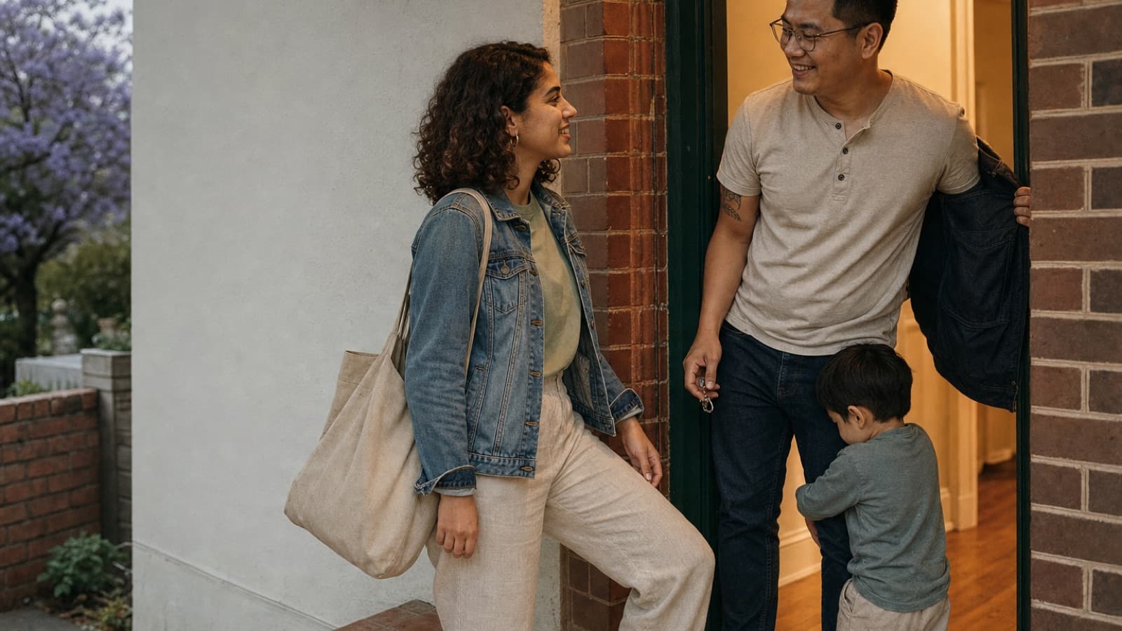 A babysitter arriving at a front door with a tote bag as a parent opens it, a child holding on to his leg