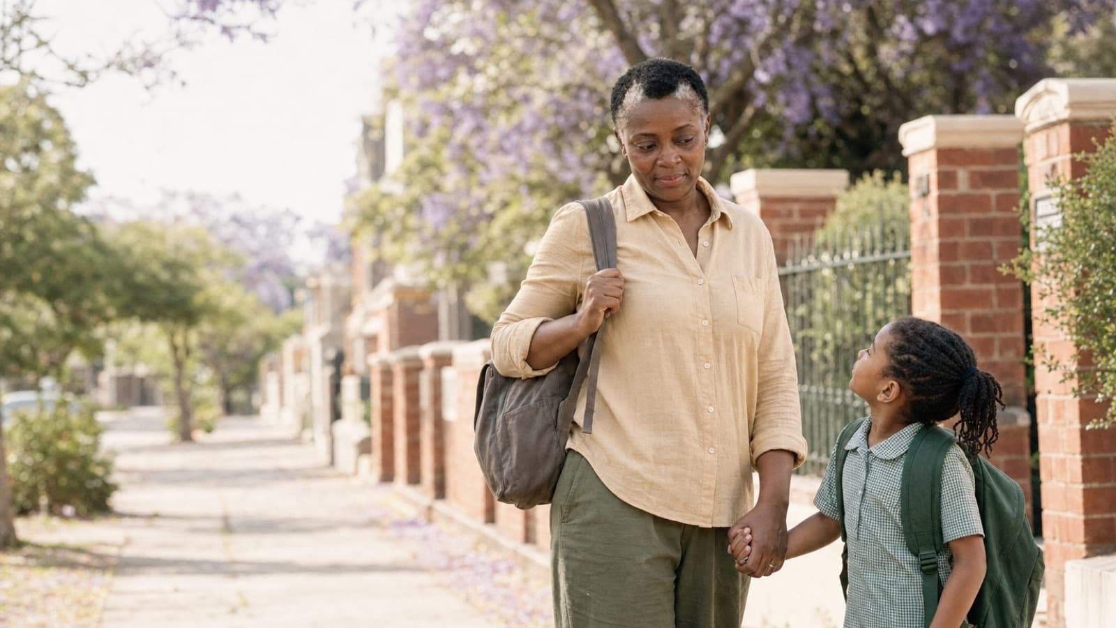 A nanny holding a school-age child's hand as they walk home along a footpath