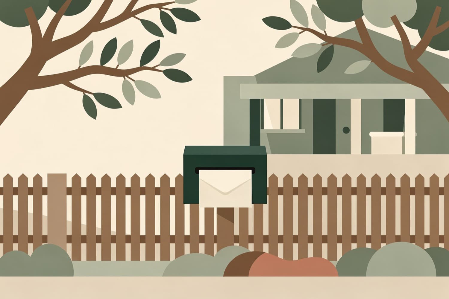A green letterbox on a picket fence holding a single envelope