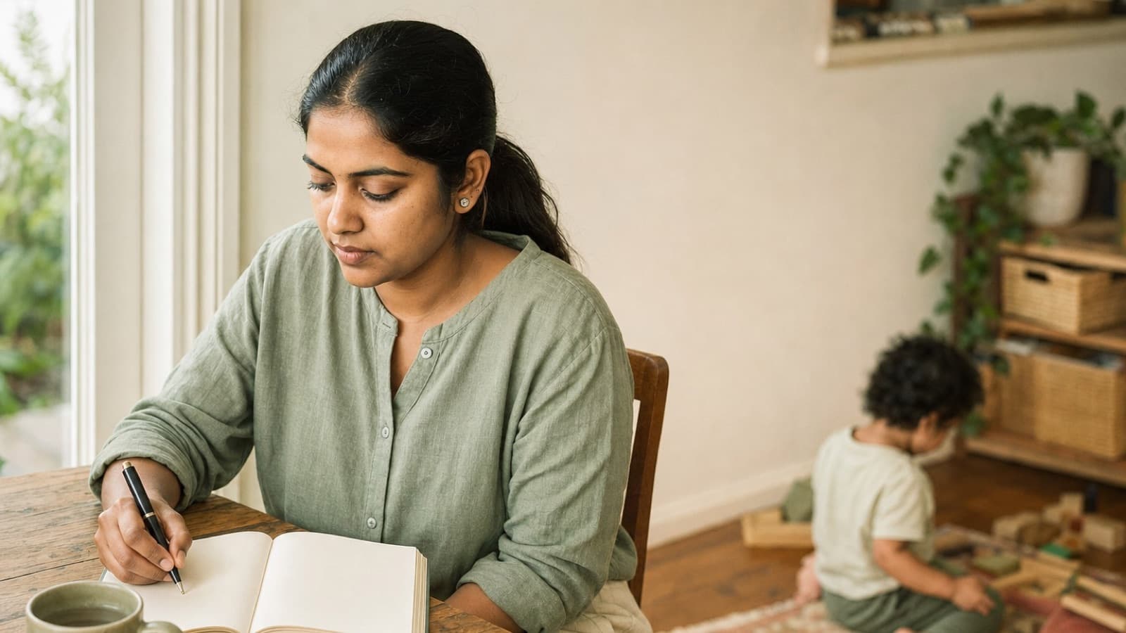 A parent making notes at a kitchen table while a toddler plays behind her