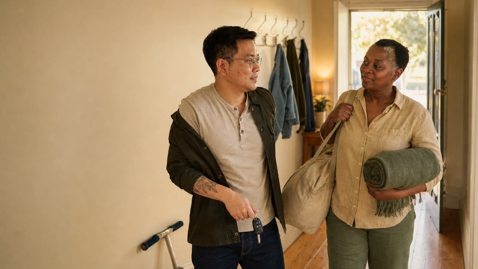 A babysitter coming in through a front door at dusk with an overnight bag and a rolled blanket, a parent in the hallway pulling on a jacket with car keys in hand