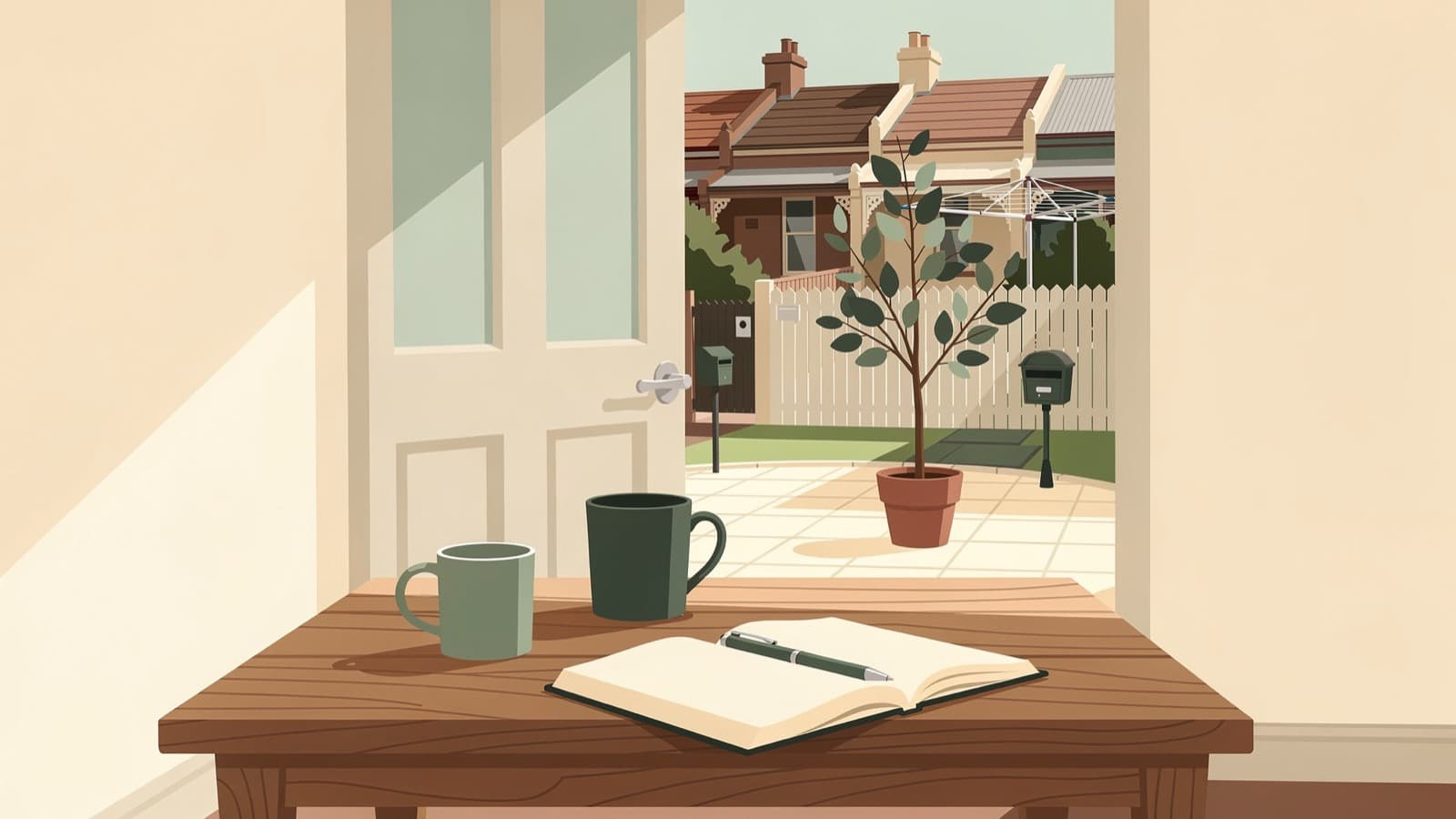 Two mugs and a notebook on a kitchen table, the back door open to a small garden