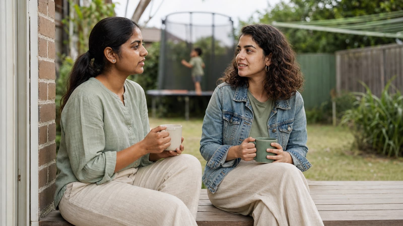 A parent and a babysitter talking on a back step with mugs of tea