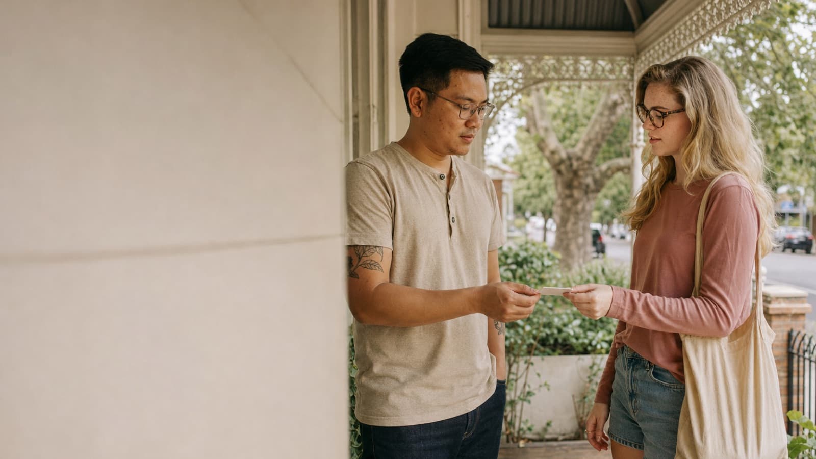 A babysitter handing a parent a card on the veranda of a weatherboard house