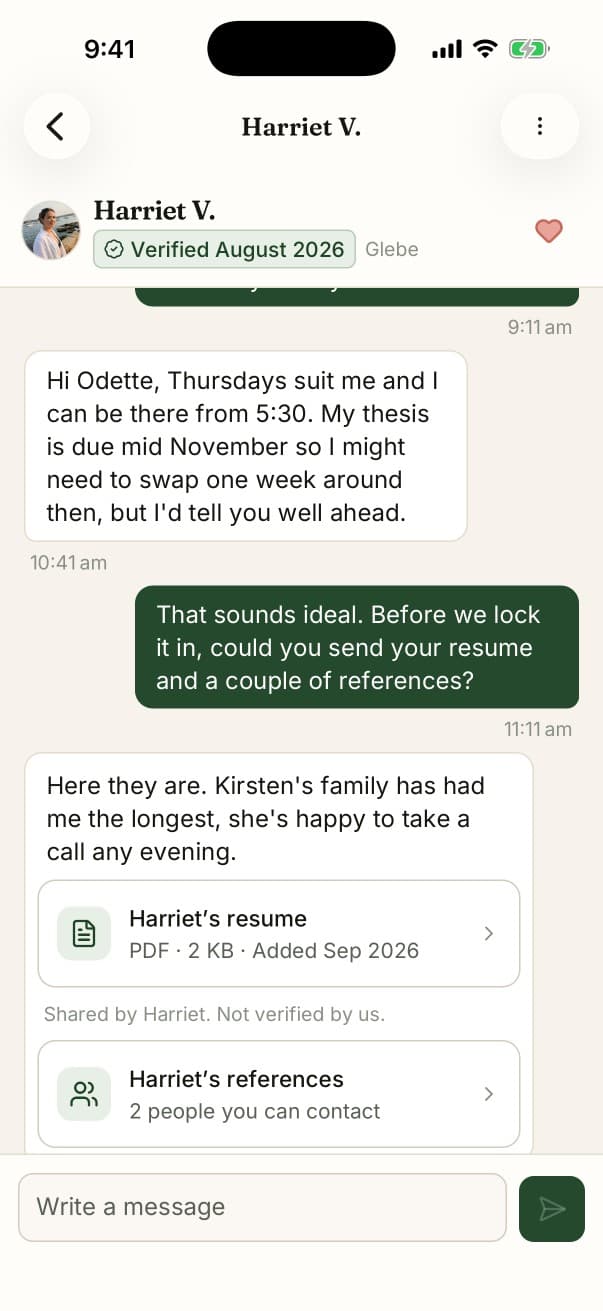 A conversation in the app where a babysitter shares a resume and a list of references with a parent.