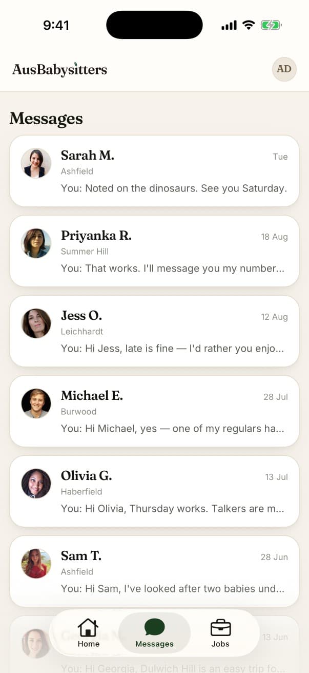 The AusBabysitters app showing a babysitter's messages from families.