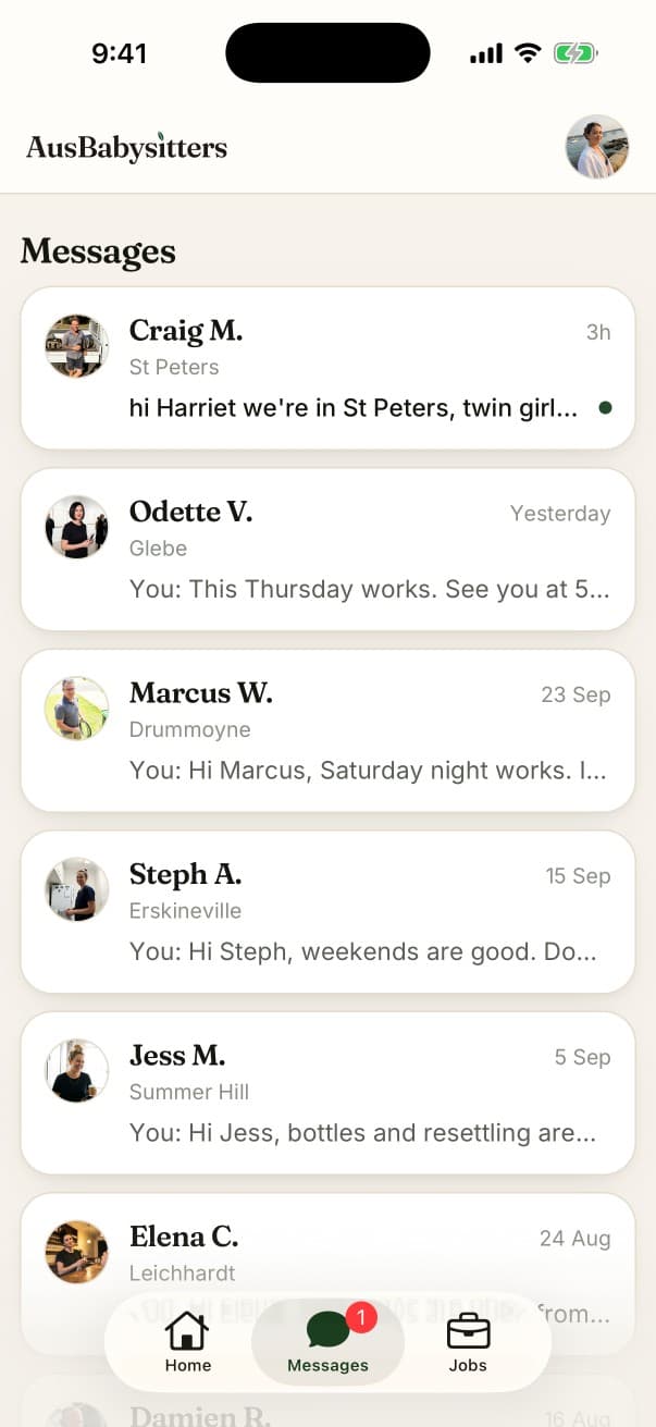 The AusBabysitters app showing a babysitter's messages from families.
