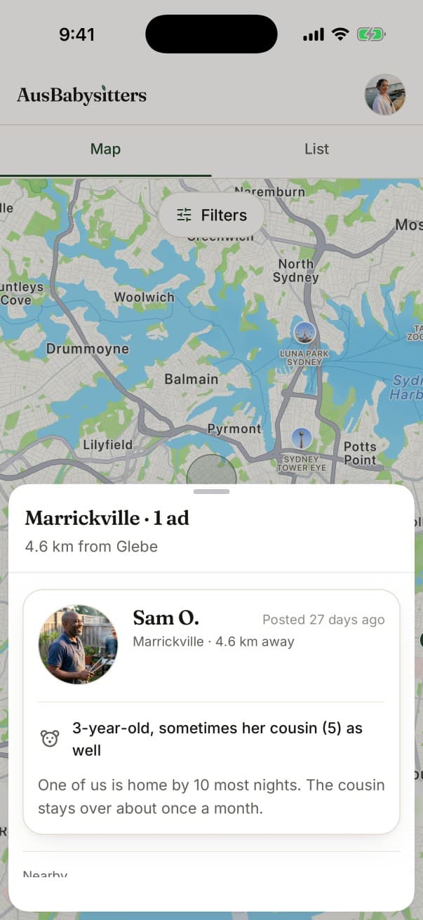 A map of families' job ads in the app, with one family's ad pulled up from the bottom.