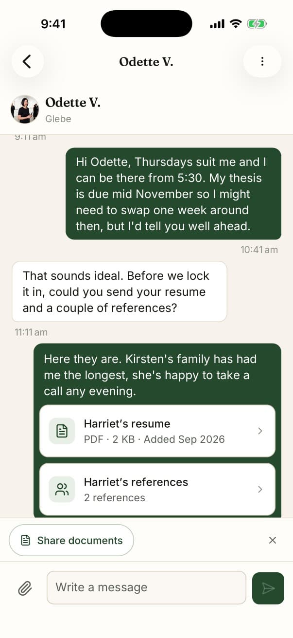 A conversation in the app where a babysitter sends a family a resume and references in one message.