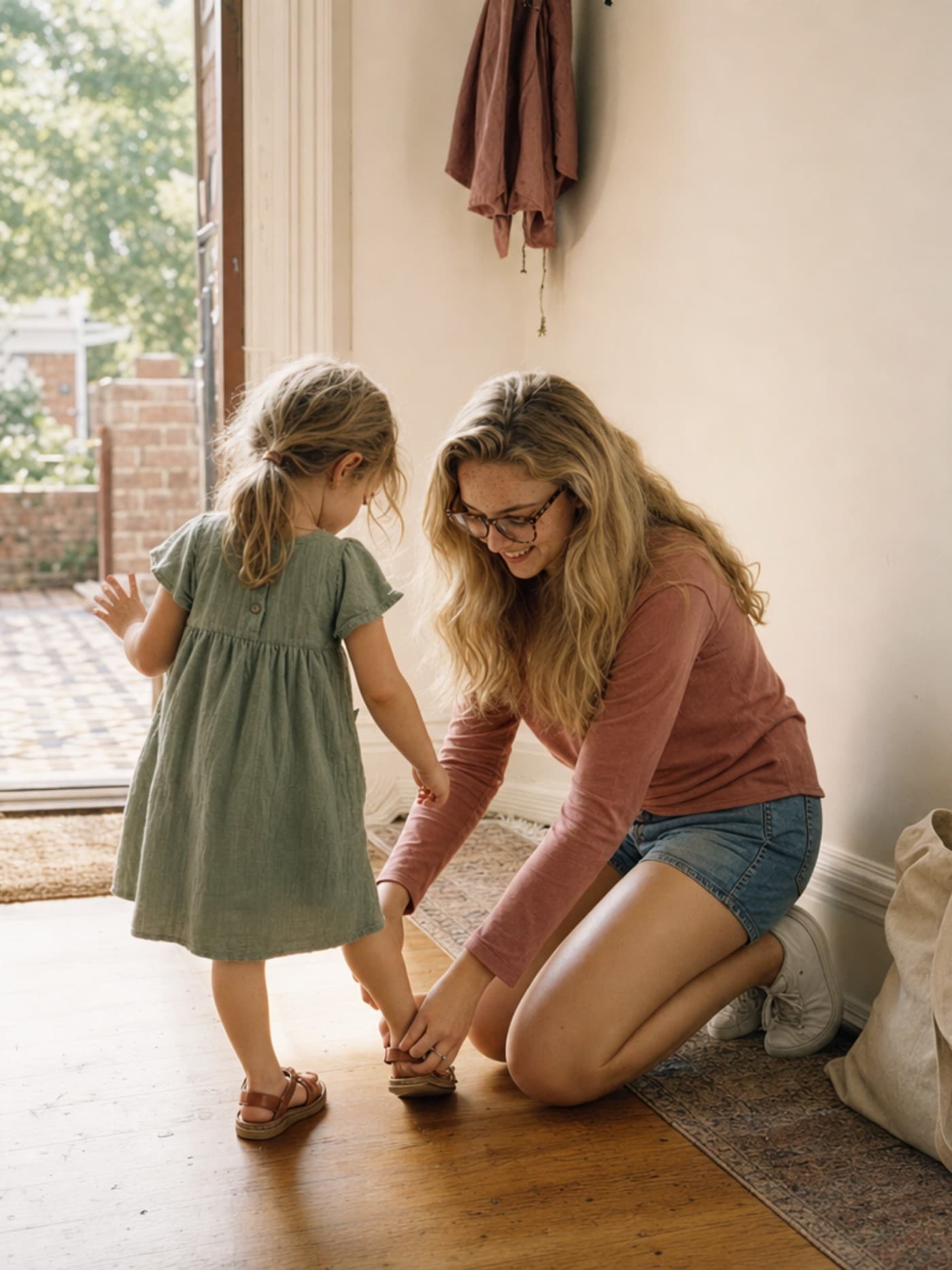 A babysitter kneeling in a hallway helping a small child with their shoes, the front door open behind them.