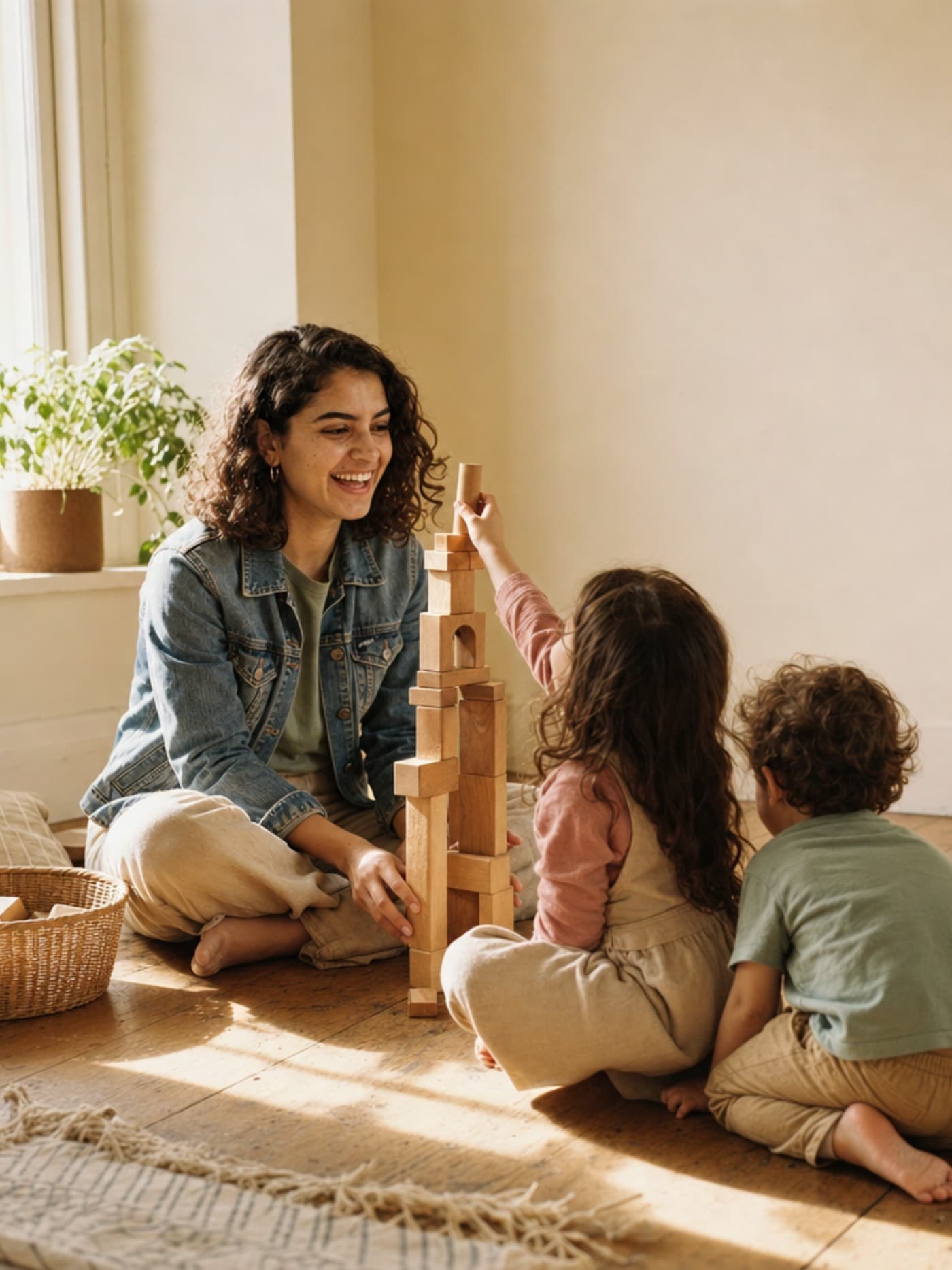 A babysitter and two children building a block tower on a timber floor.