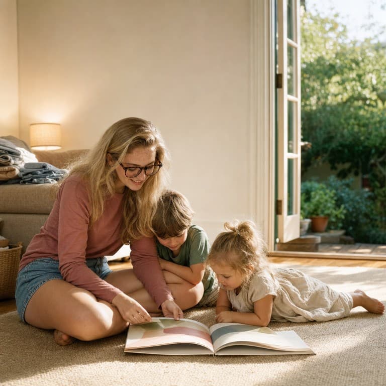 A sitter reading a picture book to two children on a living room floor.