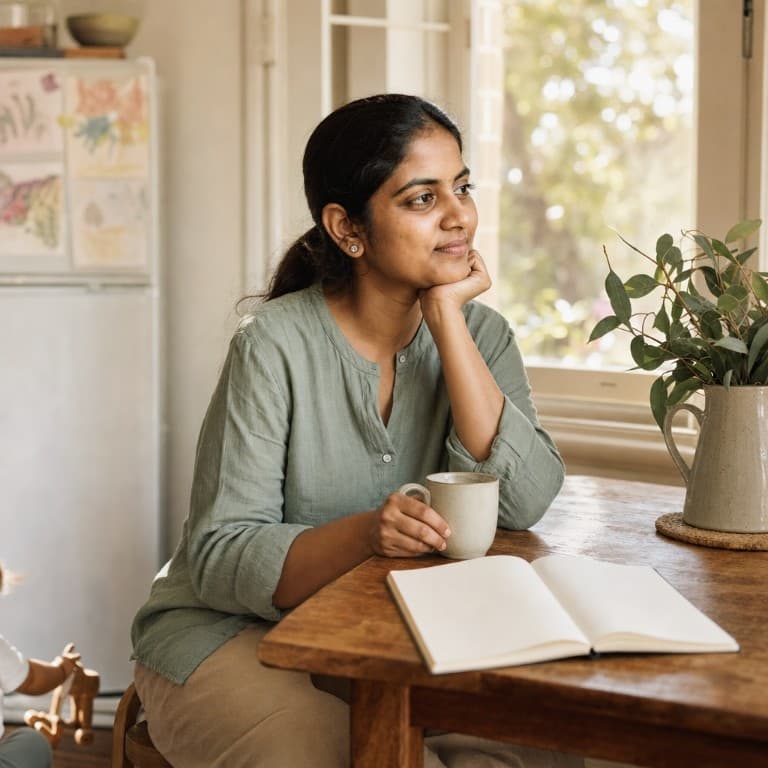 A parent sitting at a kitchen table with a mug, working out who to ask.