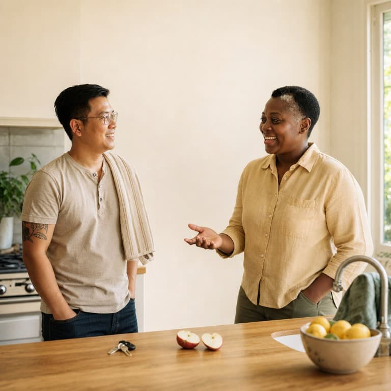 A parent and a sitter talking at a kitchen bench.