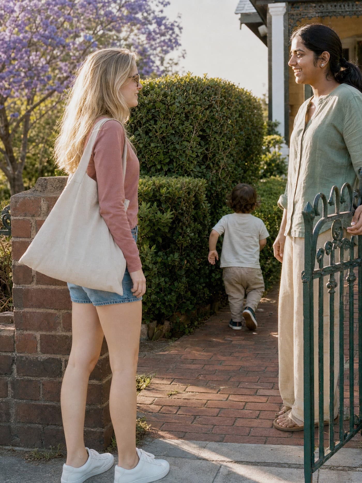 A babysitter with a tote bag being let in at a family's front gate by a parent, a toddler walking ahead up the path.