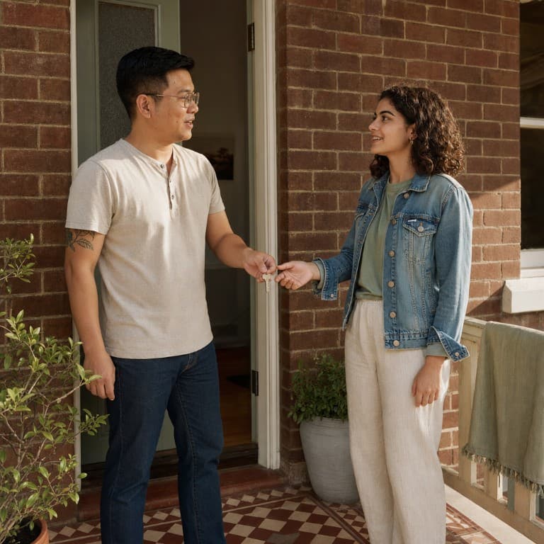 A parent handing a babysitter a house key in a front doorway.