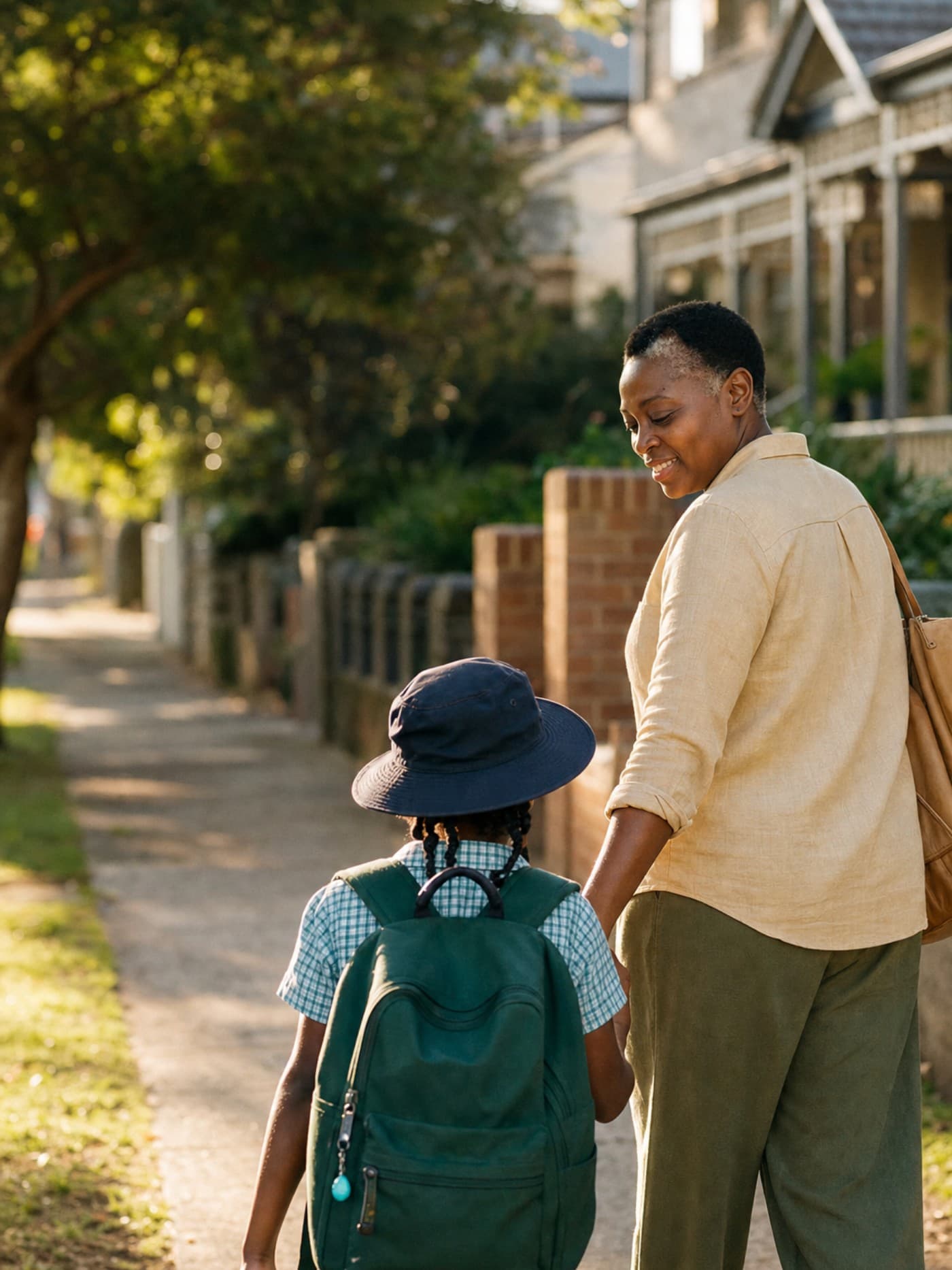 A nanny walking a child to school along a leafy footpath, the child in a school hat and backpack.