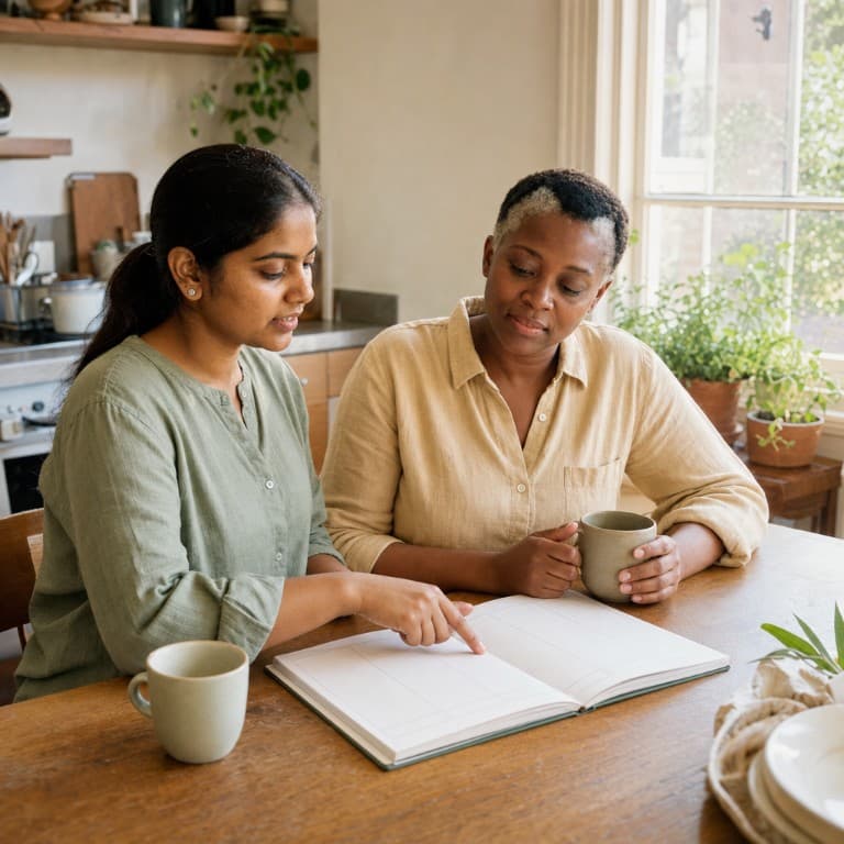 A parent pointing at a day on a weekly planner while a nanny listens, both at the kitchen table with a cup of tea.