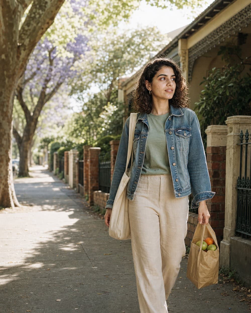 A babysitter walking along an Inner West footpath on her way to a booking.