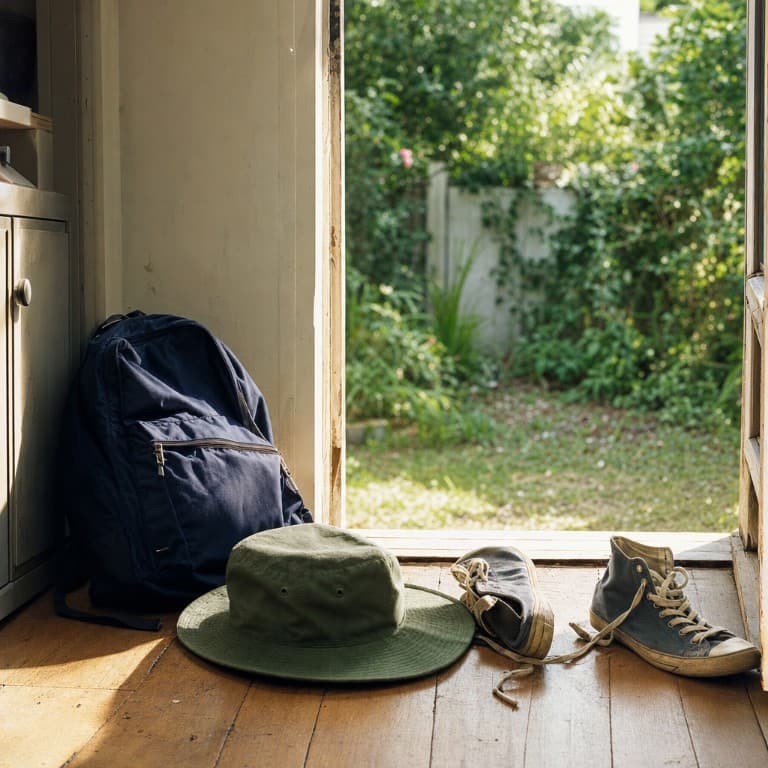 A school backpack, a bucket hat and a pair of sneakers dropped inside an open back door, with a sunny garden outside.