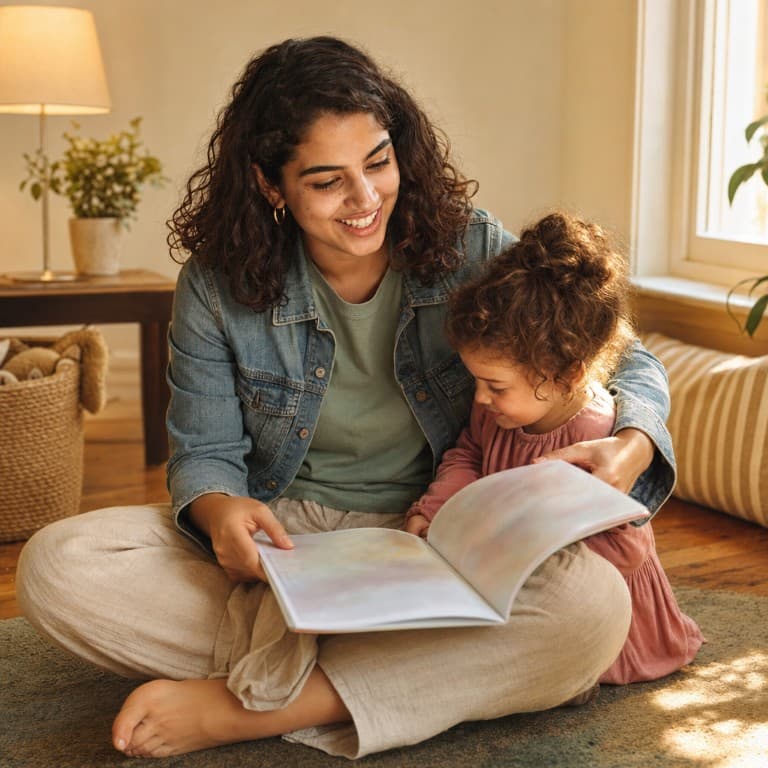 A babysitter reading a picture book to a small child on a living-room rug.