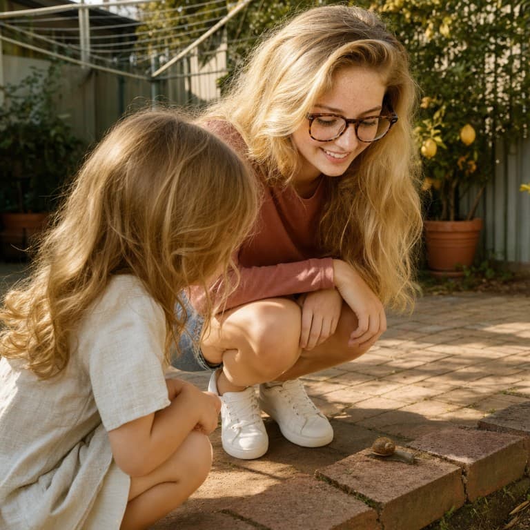 A babysitter and a child crouching in a back courtyard, looking at something on the ground.
