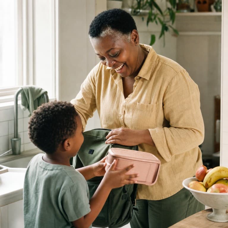 A nanny packing a school bag at a kitchen bench while a child hands over a lunch box.