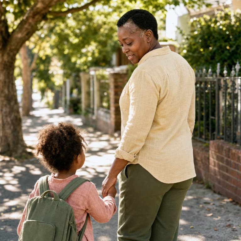 A nanny and a child walking hand in hand along a footpath under a street tree.