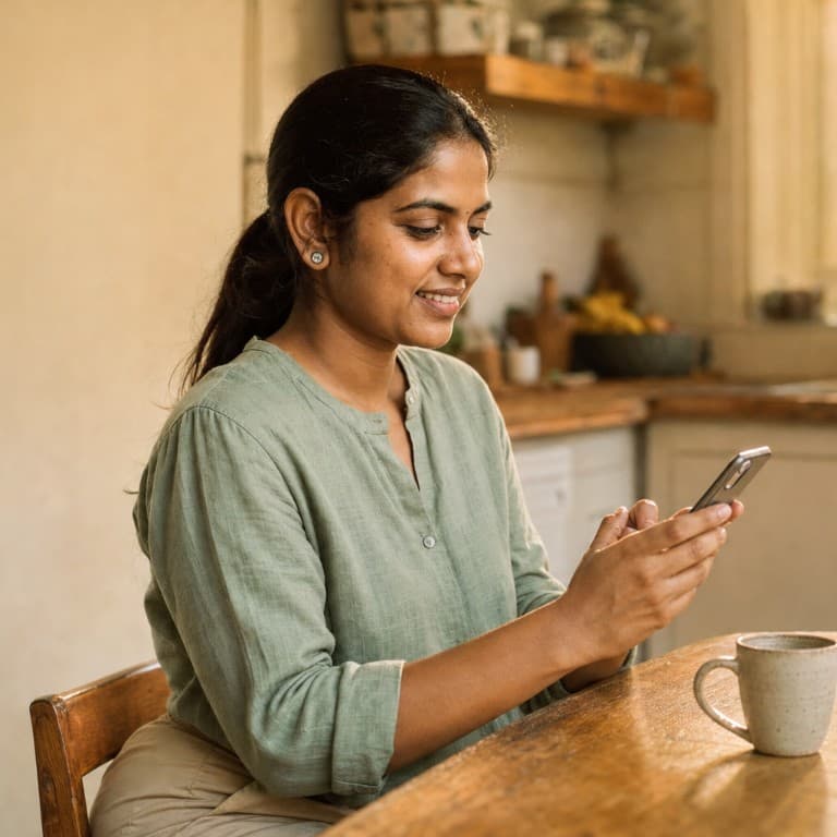 A parent at her kitchen table in the evening, smiling as she types what she needs into her phone.