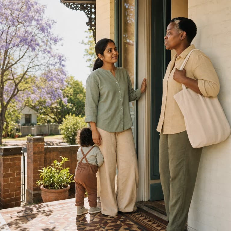 A parent and a sitter talking on a front veranda before the first booking.